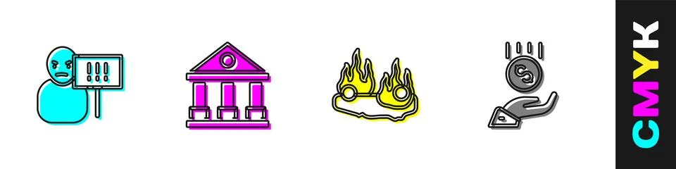 Set Protest, Courthouse building, Burning car and Coins on hand - minimal wage Ilustración de archivo