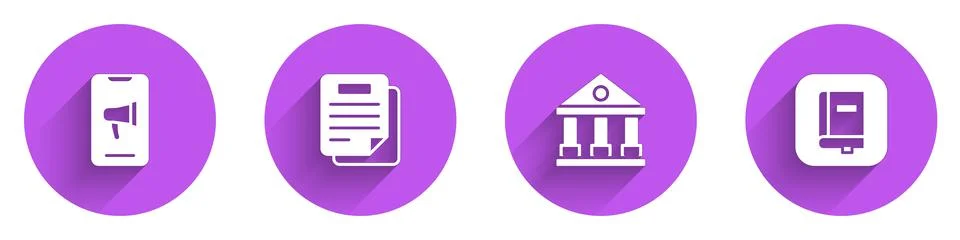 Set Protest, Document, Courthouse building and Law book icon with long shadow Ilustración de archivo