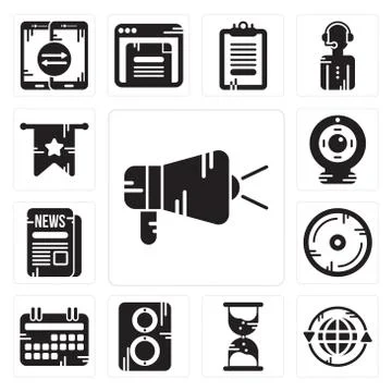 Set of Protest, Earth grid, Hourglass, Speaker, Calendar, Compact disc, Newsp 무료 스톡 일러스트