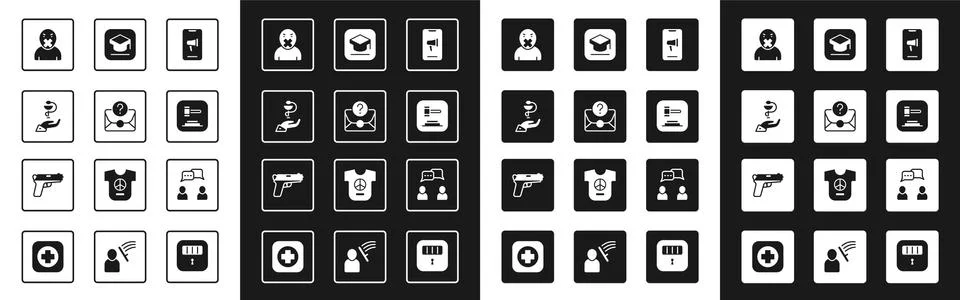 Set Protest, Envelope with question mark, Caduceus snake medical, Censor and Stock Illustration