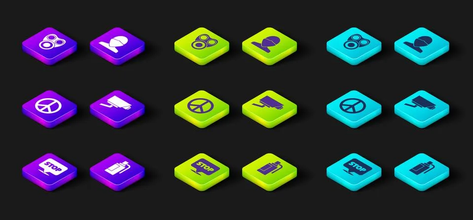 Set Protest, Hand grenade, Peace, Security camera, Vandal and Gas mask icon Stock Illustration
