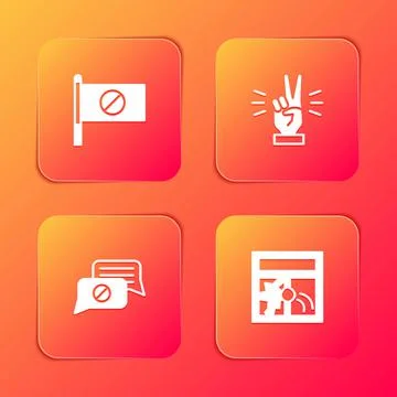 Set Protest, Hand showing two finger, Speech bubble chat and Broken window icon Stock Illustration