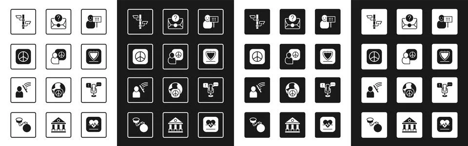 Set Protest, Peace talks, Security camera, Shield, Envelope with question m.. Stock Illustration