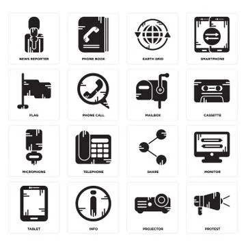 Set of Protest, Projector, Tablet, Share, Microphone, Mailbox, Flag, Earth gr Free Stock Illustration