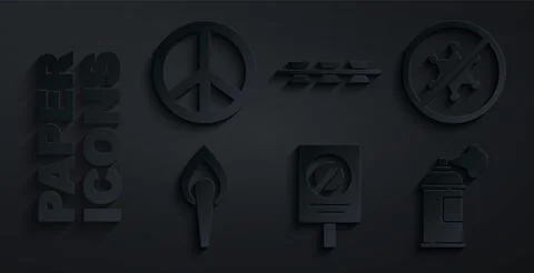 Set Protest, Torch flame, Paint spray can, Barbed wire and Peace icon. Vector Illustrazione stock