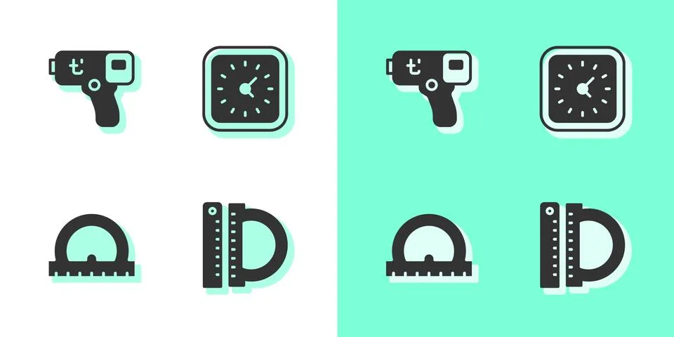 Set Protractor and ruler, Digital thermometer, and Clock icon. Vector Stock Illustration