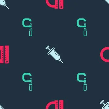 Set Protractor and ruler, Syringe and Micrometer on seamless pattern. Vector Illustrazione stock