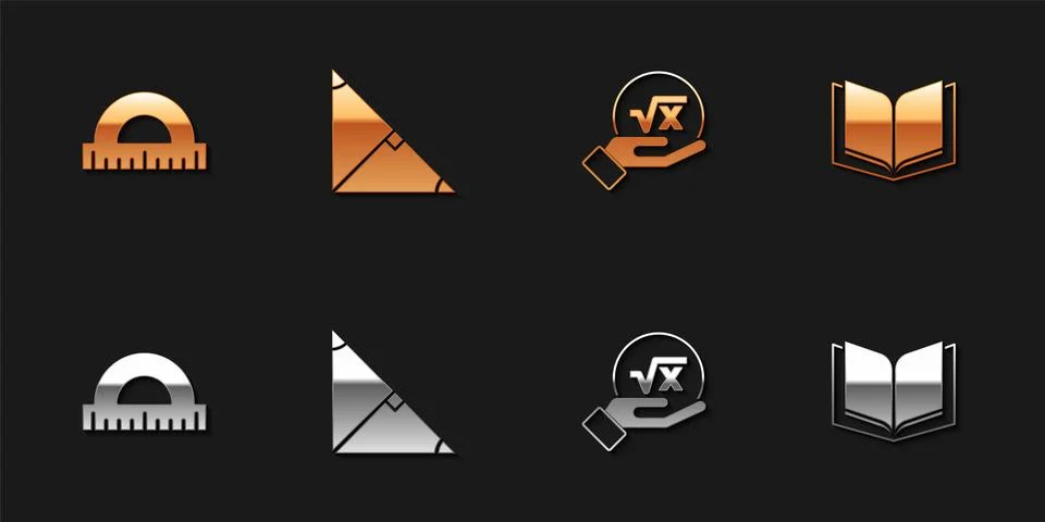 Set Protractor, Angle bisector of triangle, Square root x glyph and Open bo.. Illustrazione stock