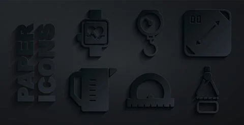 Set Protractor, Diagonal measuring, Measuring cup, Drawing compass, Hand scale Stock Illustration