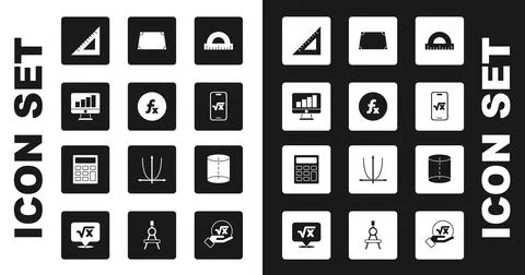 Set Protractor, Function mathematical symbol, Computer monitor with graph chart Stock Illustration