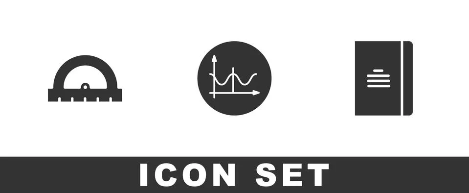 Set Protractor, Graph, schedule, chart, diagram and Spiral notebook icon. Vector Illustrazione stock