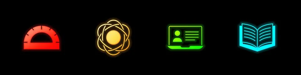 Set Protractor grid, Atom, Online class and Open book icon. Vector Stock Illustration