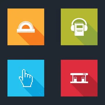 Set Protractor grid, Audio book, Pixel hand cursor and Gas filling station icon Stock Illustration