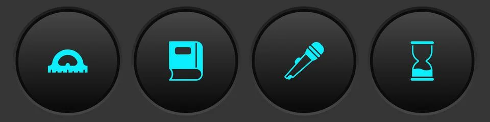 Set Protractor grid, Book, Microphone and Old hourglass icon. Vector Stock Illustration