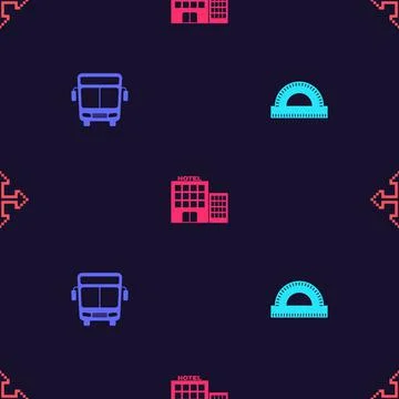 Set Protractor grid, Bus, Hotel building and Pixel arrows four directions on Ilustración de archivo