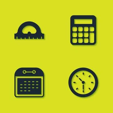 Set Protractor grid, Clock, Calendar and Calculator icon. Vector Stock Illustration