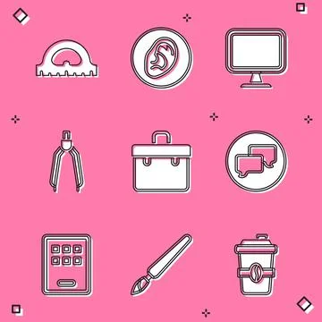 Set Protractor grid, Ear listen sound signal, Computer monitor, Drawing compass Stock-Illustration