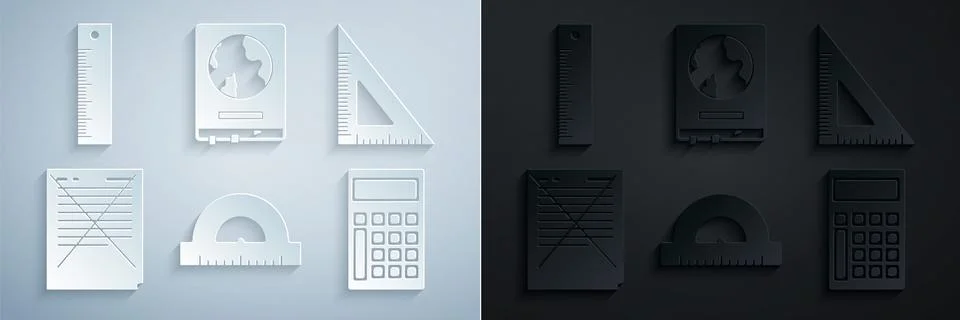 Set Protractor grid for measuring degrees, Triangular ruler, Exam paper with Illustrazione stock