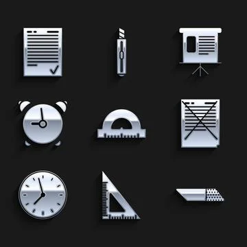 Set Protractor grid for measuring degrees, Clock, Alarm clock, Presentation.. Stock Illustration