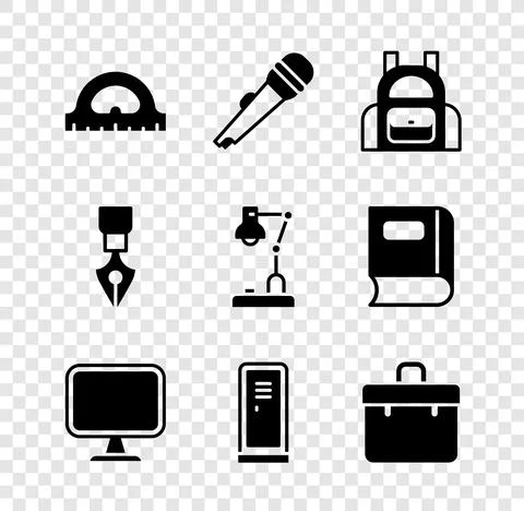 Set Protractor grid, Microphone, School backpack, Computer monitor, Locker Stock-Illustration