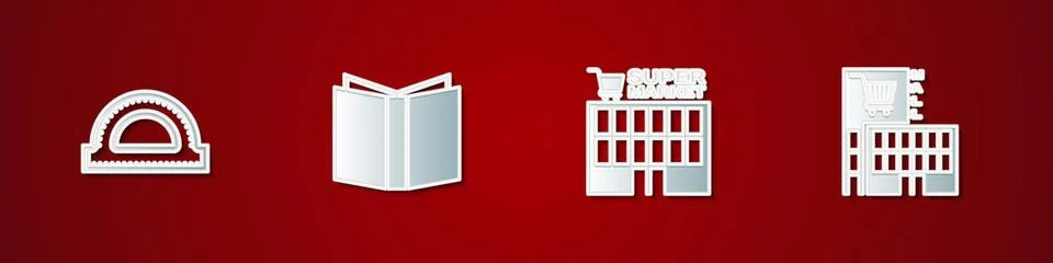 Set Protractor grid, Open book, Supermarket building and Mall supermarket icon Ilustración de archivo
