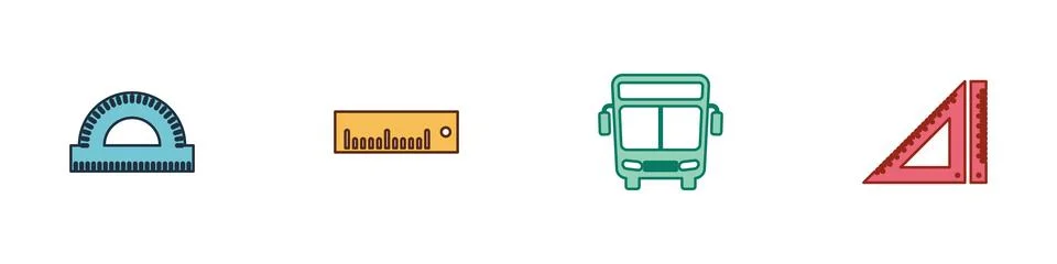 Set Protractor grid, Ruler, Bus and Triangular ruler icon. Vector Illustrazione stock