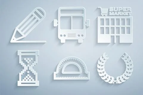 Set Protractor grid, Supermarket building, Hourglass pixel, Laurel wreath, Bus Illustrazione stock