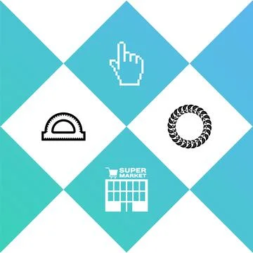 Set Protractor grid, Supermarket building, Pixel hand cursor and Laurel wreath Stock Illustration