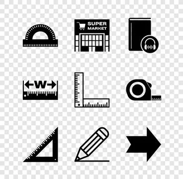 Set Protractor grid, Supermarket building, Audio book, Triangular ruler, Pe.. Illustrazione stock