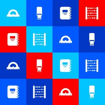 Set Protractor grid, USB flash drive, Notebook and Abacus icon. Vector 库存插图