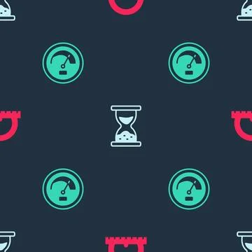Set Protractor, Old hourglass with sand and Speedometer on seamless pattern.. Illustrazione stock