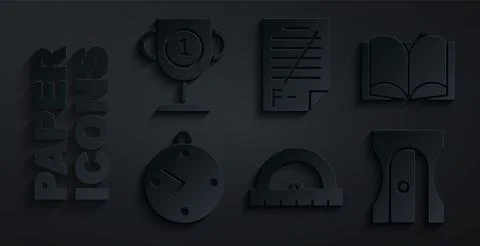 Set Protractor, Open book, Clock, Pencil sharpener, Exam paper with incorrect Stock Illustration