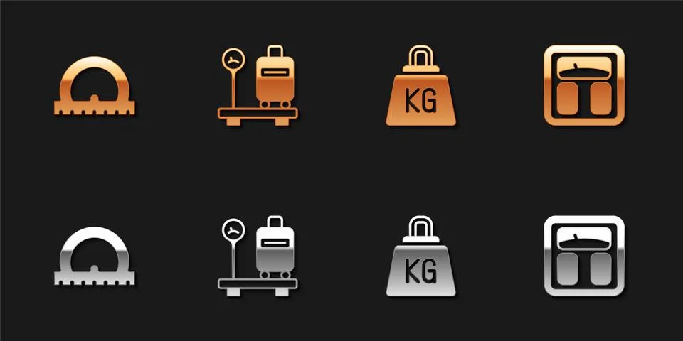 Set Protractor, Scale with suitcase, Weight and Bathroom scales icon. Vector Stockillustratie
