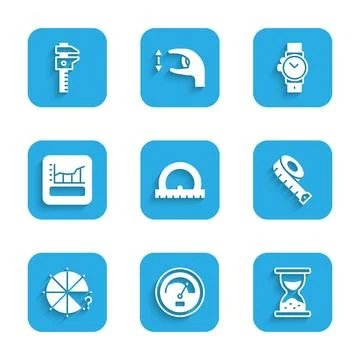 Set Protractor, Speedometer, Old hourglass with sand, Measuring tape, Circle of Stock Illustration