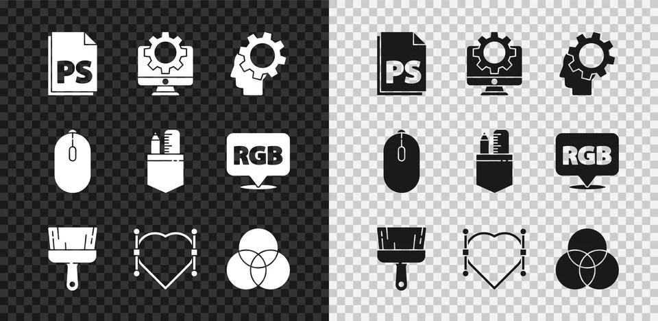 Set PS File document, Computer monitor and gear, Human head with inside, Paint Stockillustratie