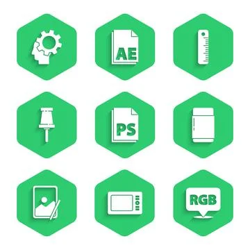 Set PS File document, Graphic tablet, Speech bubble with RGB and CMYK, Eraser or Stock Illustration