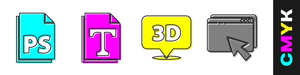 Set PS File document, Text file document, Speech bubble with text 3D and Web Stock Illustration