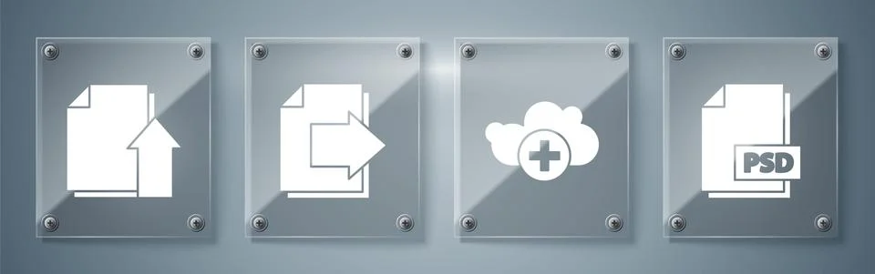 Set PSD file document, Add cloud, Next page arrow and Upload file document Stock Illustration