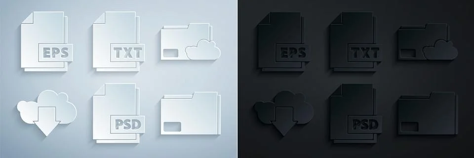 Set PSD file document, Cloud storage text folder, download, Document, TXT and Stock Illustration