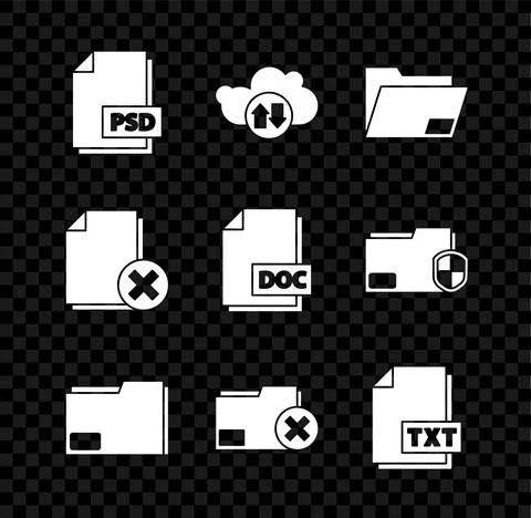 Set PSD file document, Cloud download and upload, Document folder, Delete, TXT Illustrazione stock