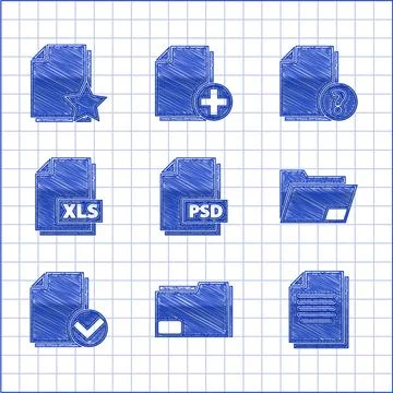 Set PSD file document, Document folder, and check mark, XLS, Unknown and with Illustrazione stock
