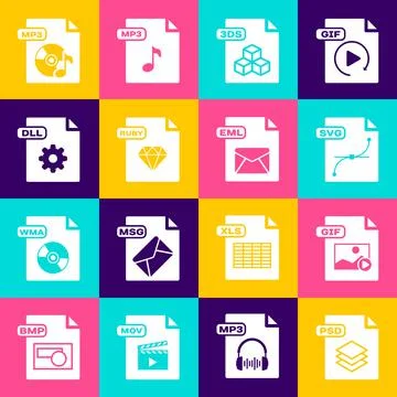 Set PSD file document, GIF, SVG, 3DS, RUBY, DLL, MP3 and EML icon. Vector Stock Illustration