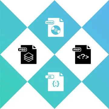 Set PSD file document, JS, WMA and PHP icon. Vector Stock Illustration