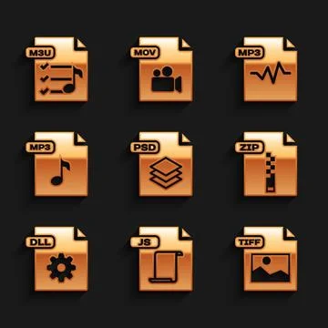 Set PSD file document, JS, TIFF, ZIP, DLL, MP3,  and M3U icon. Vector Illustrazione stock