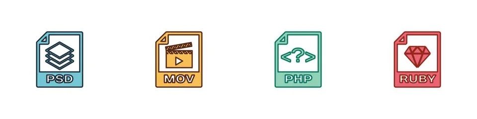 Set PSD file document, MOV, PHP and RUBY icon. Vector 스톡 일러스트