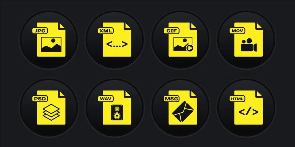 Set PSD file document, MOV, WAV, MSG, GIF, XML, HTML and JPG icon. Vector Illustration