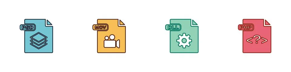 Set PSD file document, MOV, DLL and PHP icon. Vector Illustration