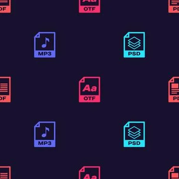 Set PSD file document, MP3, OTF and PDF on seamless pattern. Vector Illustrazione stock