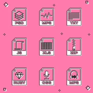 Set PSD file document, MP3, TXT, JS, XLS and ZIP icon. Vector Stock Illustration