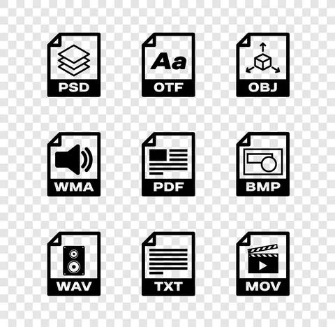 Set PSD file document, OTF, OBJ, WAV, TXT and MOV icon. Vector 库存插图